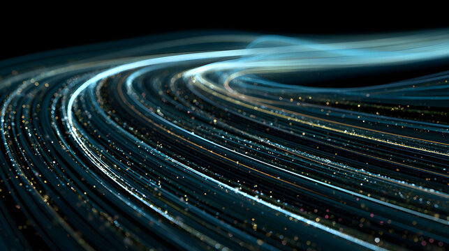 Digital pathways that are curved and glowing with sparkling particles and flowing data streams, perfect for telecommunications marketing and technology branding, as well as website banners