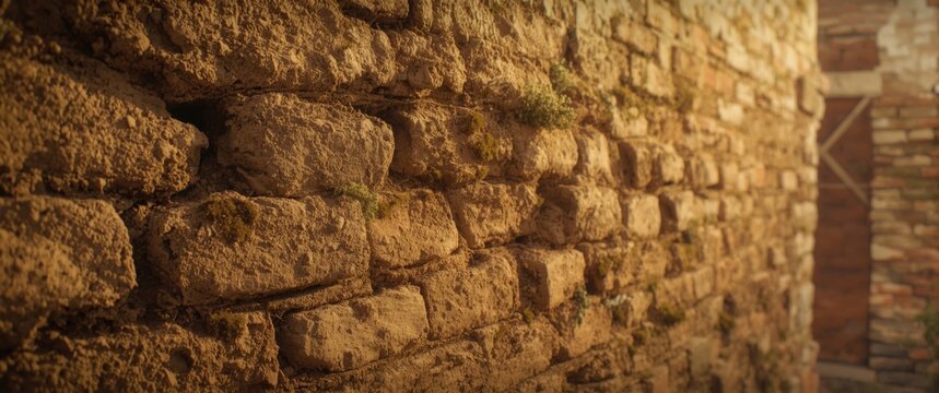 Vintage mud adobe brick wall representing historical architecture