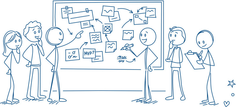 Stick figure brainstorming session with charts and notes blue line art silhouette teamwork collaboration meeting planning strategy ideas concept discussion diagram flowchart sketch doodle line art