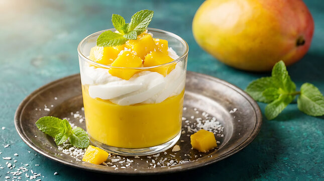 Fresh Mango Pudding Dessert With Creamy Yogurt And Mint Leaves In Glass Cup