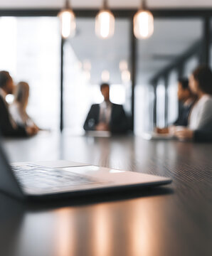 Contemporary boardroom gathering featuring professionals with their faces partially visible, engaged in a strategy discussion at a table with a laptop