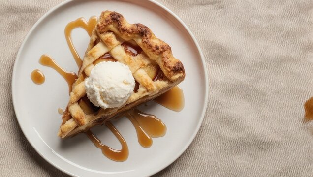 Slice of apple pie with lattice crust, scoop of vanilla ice cream, and caramel drizzle