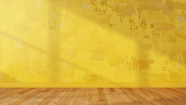 Yellow wall with irregular stain markings and warm wood floor in amber shades