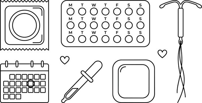 Contraception and Birth Control Method Icon Set with Condom Birth Control Pills Intrauterine Device IUD Contraceptive Patch and Calendar Vector Line Art