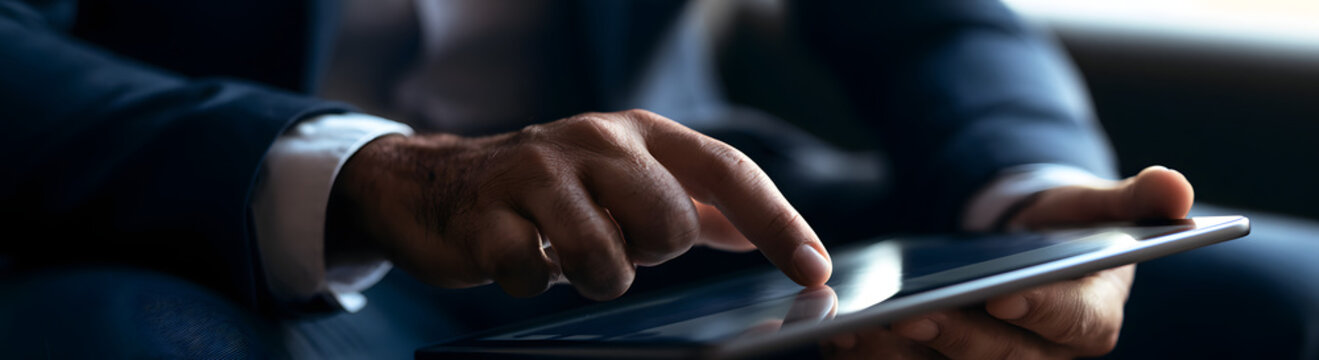 The businessman was using a digital tablet to keep track of milestone updates for strategic planning data, corporate schedules, project timelines, and operational priorities.