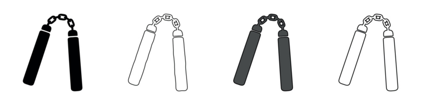Set of four nunchaku icons in different styles and colors