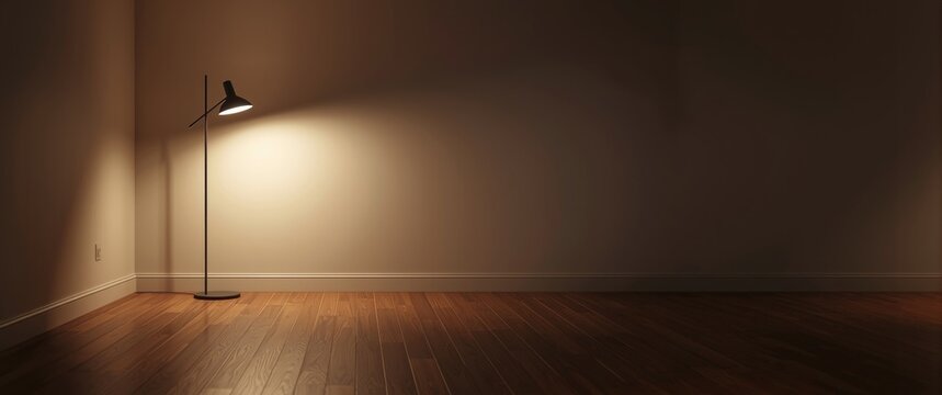 Vacant living space with wooden floor and floor lamp spotlighted for marketing use