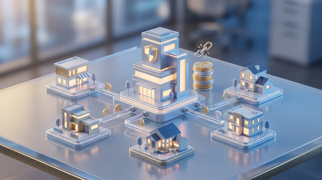 Real estate asset management and proptech portfolio concept with 3D isometric illustration of a central building with shield icon connecting to various house models on a desk