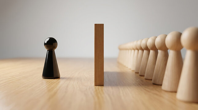 Unique Black Leader Standing Out From Group Of Wooden Figures Facing Barrier