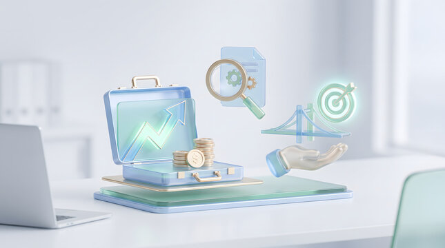 Business portfolio investment and infrastructure funding concept with 3D illustration of an open briefcase with rising arrow next to a bridge on a hand and a target icon