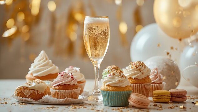 New Year party treats alongside a festive glass of champagne in a joyous setting