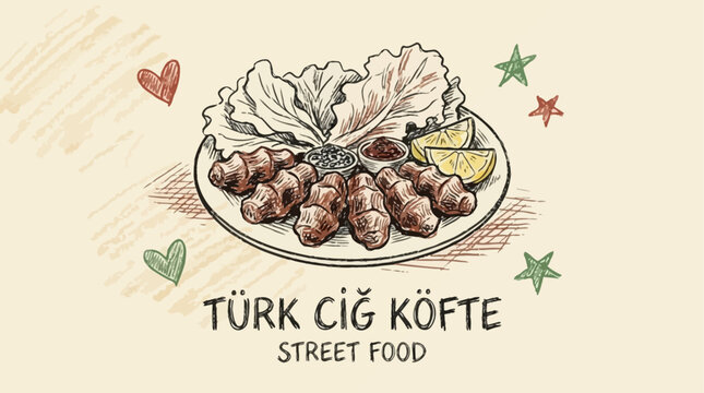 Traditional Turkish Cig Kofte Hand Drawn Vector Illustration Crayon Doodle Sketch. Artistic Culinary Drawing of Spicy Bulgur Mezze Appetizer Delicacy with Handcrafted Textured Artistic Style.
