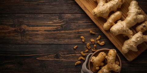 Fototapeta premium Fresh ginger roots on a wooden board and bowl