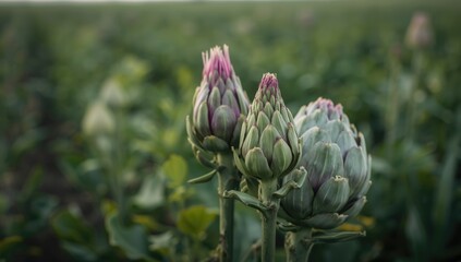 Fototapeta premium Artichoke buds growing in a field