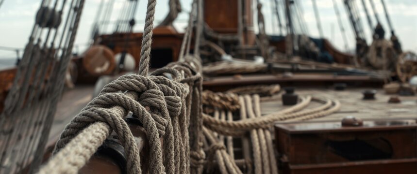 Ropes and rigging on a wooden sailing ship deck
