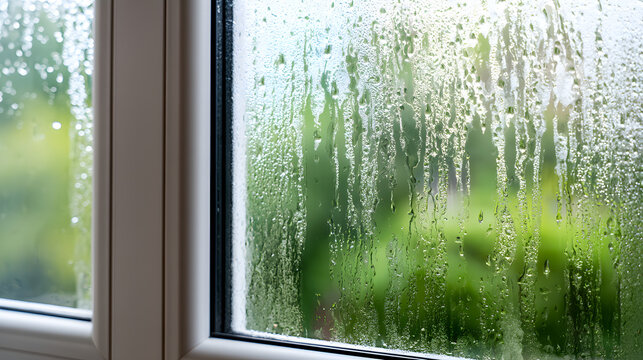 A shot of condensation on the interior of a white-framed window. Water droplets slide down the glass against a hazy green nature backdrop. Conceptualizing moisture and humidity