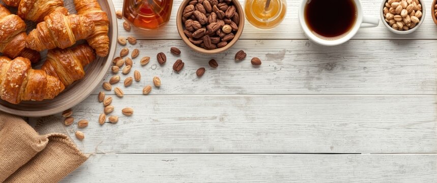 Croissants, coffee, and assorted nuts on a wooden table