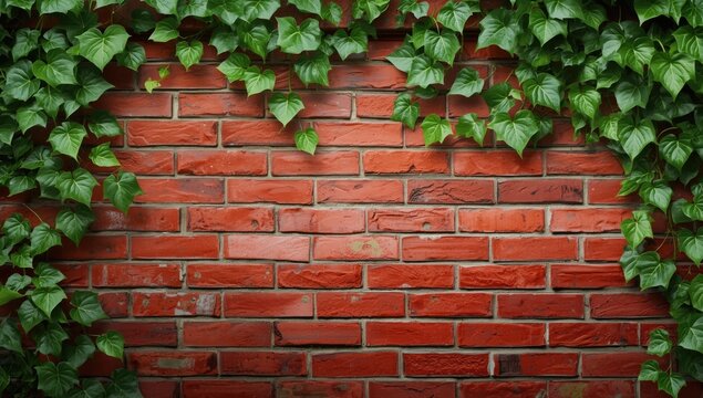 Brick wall covered with green ivy leaves