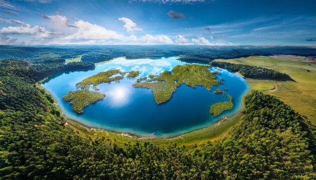 lake in the shape of the world s continents in the middle of untouched nature a metaphor for ecological travel conservation climate change global warming and the fragility of nature