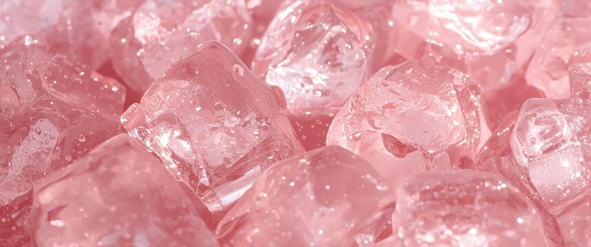 Pink ice cubes scattered on a reflective surface
