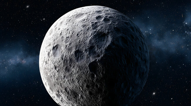 In the outer space, the moon is set against the backdrop of stars, planets, galaxies, and nebulae. On the moon's surface, craters and satellite features can be observed. A 3D render illustrates these 