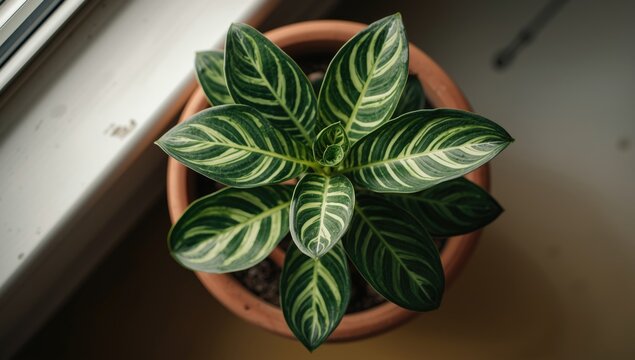 Green plant with striped leaves in a terracotta pot