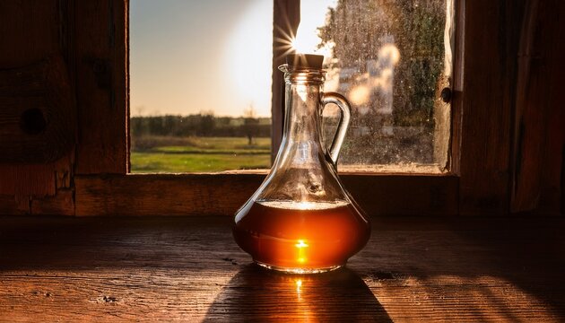 sunlight through a barn window illuminating a glass demijohn with amber liquid
