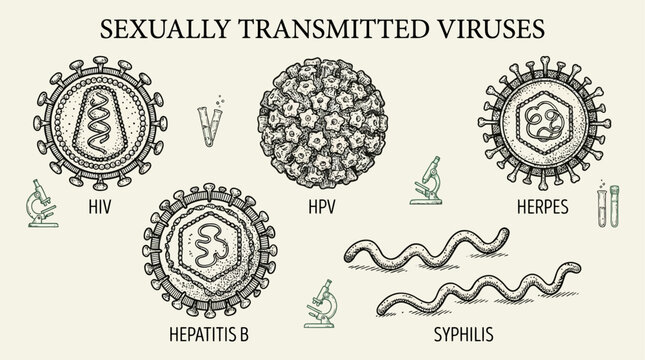 Detailed Hand Drawn Scientific Vector Collection of Sexually Transmitted Viruses and Microorganisms Pathogens Germs Bacteria for Medical Education Healthcare Research and Biological Science Study