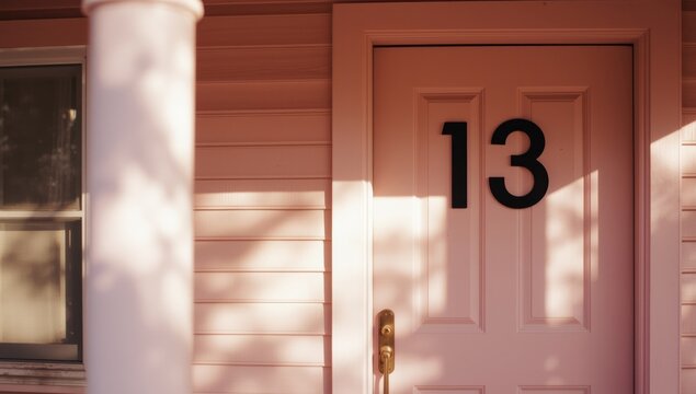 pastel pink house exterior with bold number thirteen visible