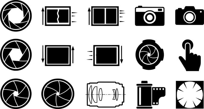 Set photo camera lens diaphragm. Photo lenses aperture, cameras shutter silhouette icon and shutter apertures pictogram. Lomography film lens or snap optics objective lenses - stock vector