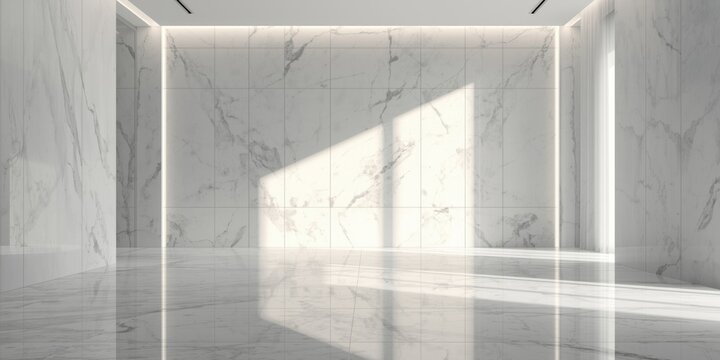 Modern unfurnished interior with reflective white marble wall cladding