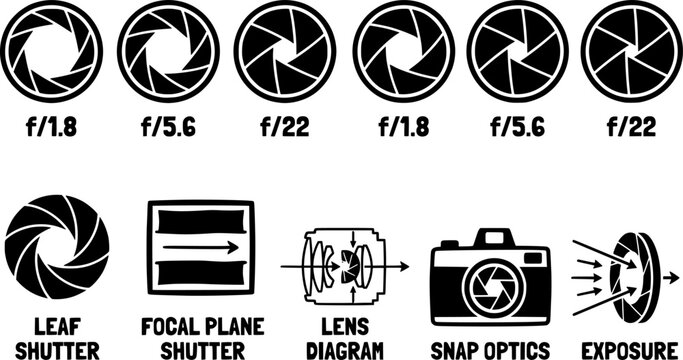 Set photo camera lens diaphragm. Photo lenses aperture, cameras shutter silhouette icon and shutter apertures pictogram. Lomography film lens or snap optics objective lenses - stock vector