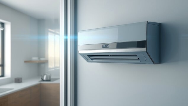 Wall mounted AC unit providing cool breeze beside kitchen window with copyspace