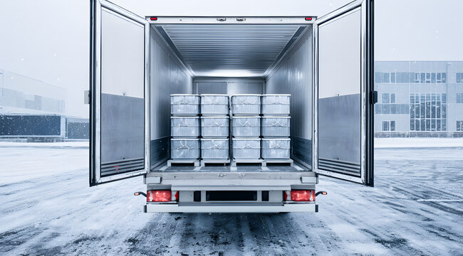A refrigerated truck was loaded with frozen containers for pharmaceutical transport, ensuring temperature-controlled conditions and secure shipping for lab supplies.