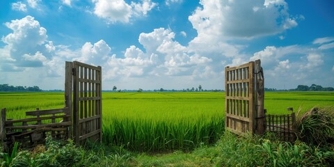 Fototapeta premium Open timber gate revealing healthy green rice crops extending under a bright blue sky filled with fluffy clouds copy space