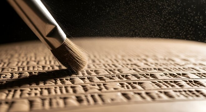 Close up of brush cleaning ancient cuneiform clay tablet with dust particles in dramatic lighting