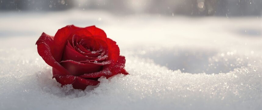 Lively crimson rose flower prominent in fresh winter snow