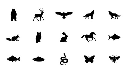 Fototapeta premium Animals Icon Set in a Clean Grid Layout, Featuring Cat, Dog, Deer, Fish, Owl, Butterfly and Pawprint Silhouettes