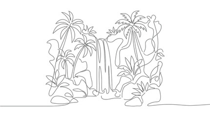 Minimalist Waterfall Line Art: Tropical Jungle Landscape with Palm Trees and Rocks © islamic