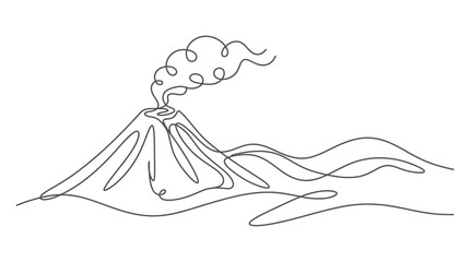 Continuous line drawing of a smoking volcano erupting with smoke plume and landscape © islamic