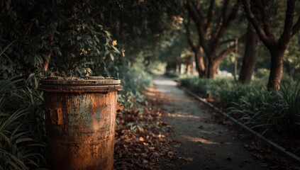 Naklejka premium Vintage corroded refuse container beside tree framed walkway surrounded by plants