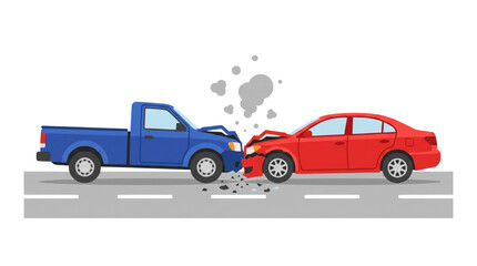 Fototapeta premium A blue pickup truck and a red car in a head-on collision accident on a city road illustration