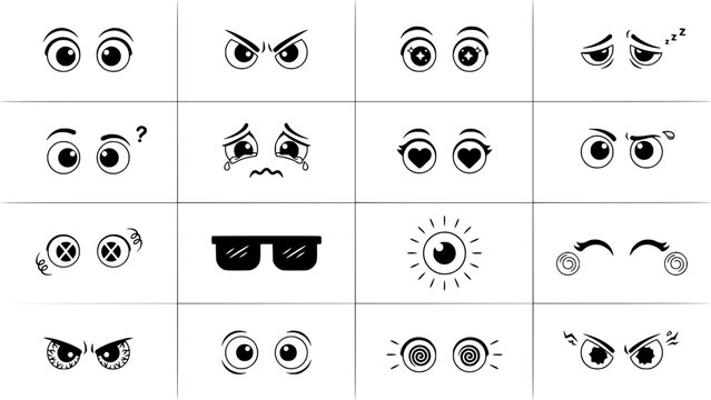 Eyes Illustration Set of Playful Expressive Cartoon Eye Faces with Different Emotions and Gestures on a Clean Grid