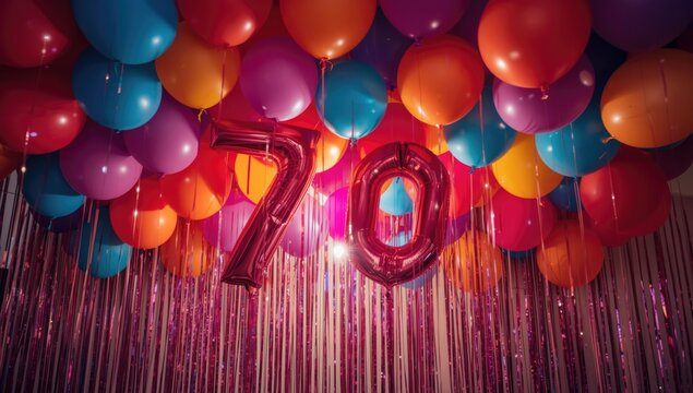 Colorful balloons and a 70th birthday balloon decoration