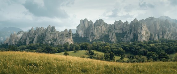 Obraz premium Rocky mountain range with grassy field in the foreground