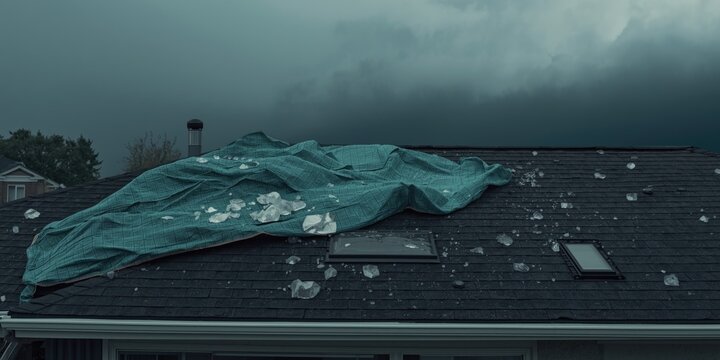 Storm hail damage prevented by green tarp stretched over rooftop during thunderstorm