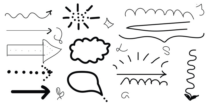 Hand‑drawn doodle vector illustration featuring arrows, squiggly lines, speech bubbles, brackets, stars, and decorative sketch elements