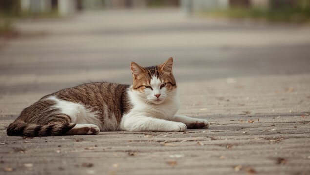 Cat lounging on a paved path in sunlight