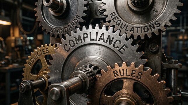 A detailed close-up shot of several interconnected industrial steel gears representing the complex relationship between compliance and various organizational frameworks