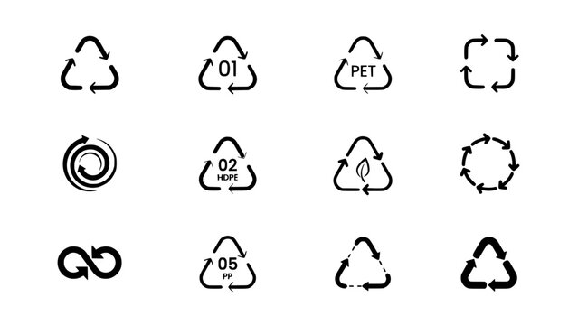 Recycling Symbols Arranged in a Grid with Various Materials and Codes Featuring Plastic, Pet, Hdpe with Pp and Environment